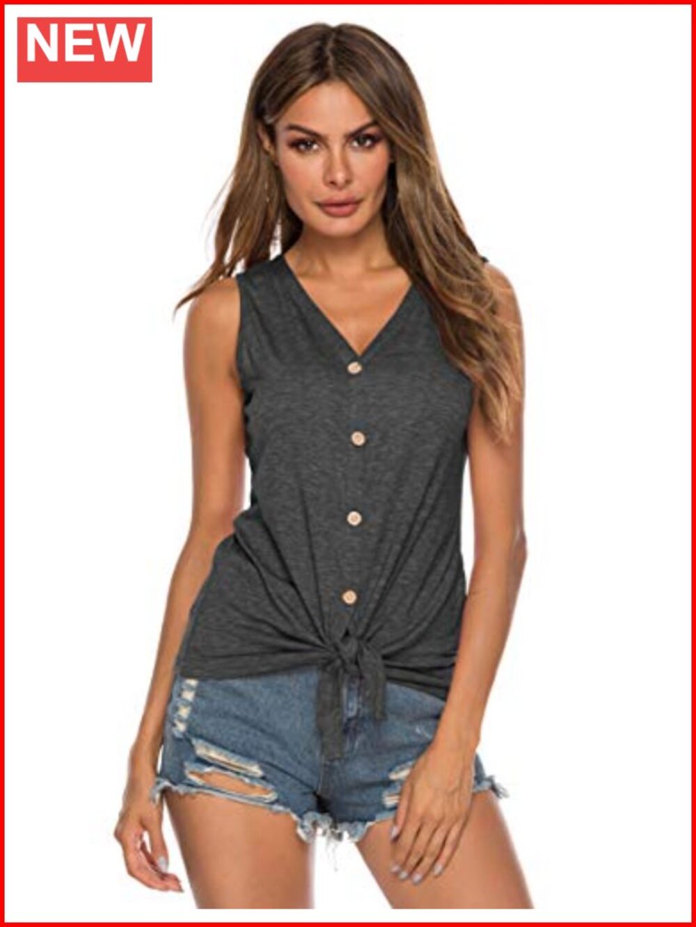 LOMON Women's Tie Knot Button Down Sleeveless Blouse Curved Hem Tops